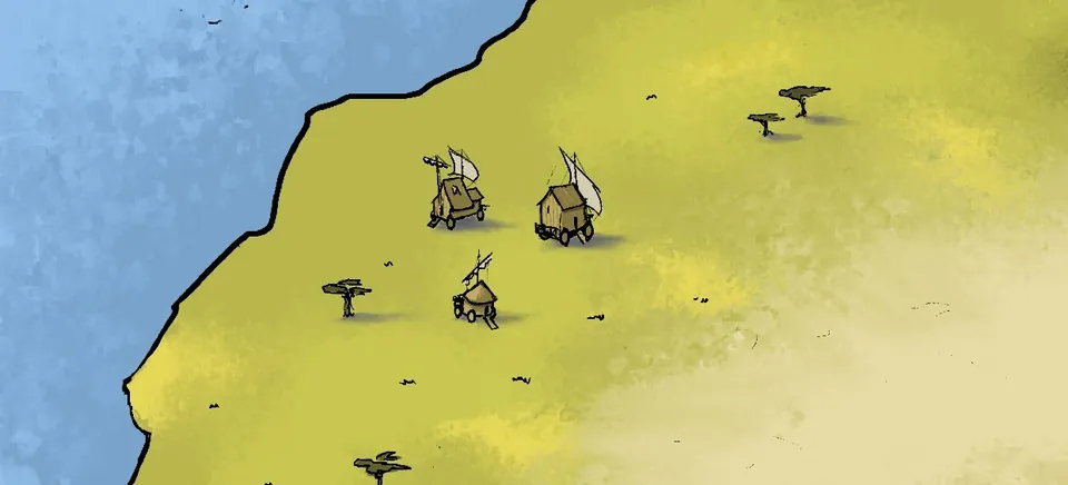 Uitsnede van de Land van KBEN-kaart: huisjes op wielen op een open savanne