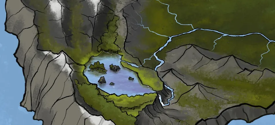 Uitsnede van de Land van KBEN-kaart: een bergmeer met water dat zijn weg zoekt
