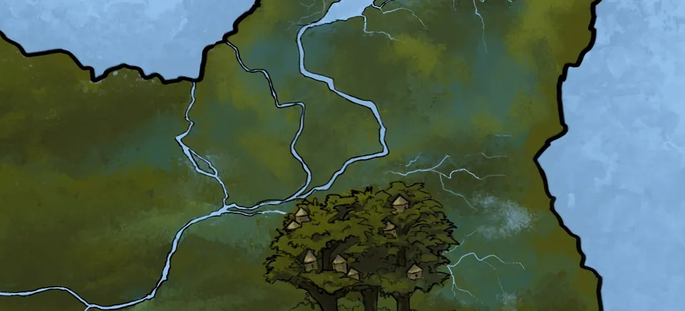 Uitsnede van de Land van KBEN-kaart: rivieren die samenkomen bij een dorp in de bomen