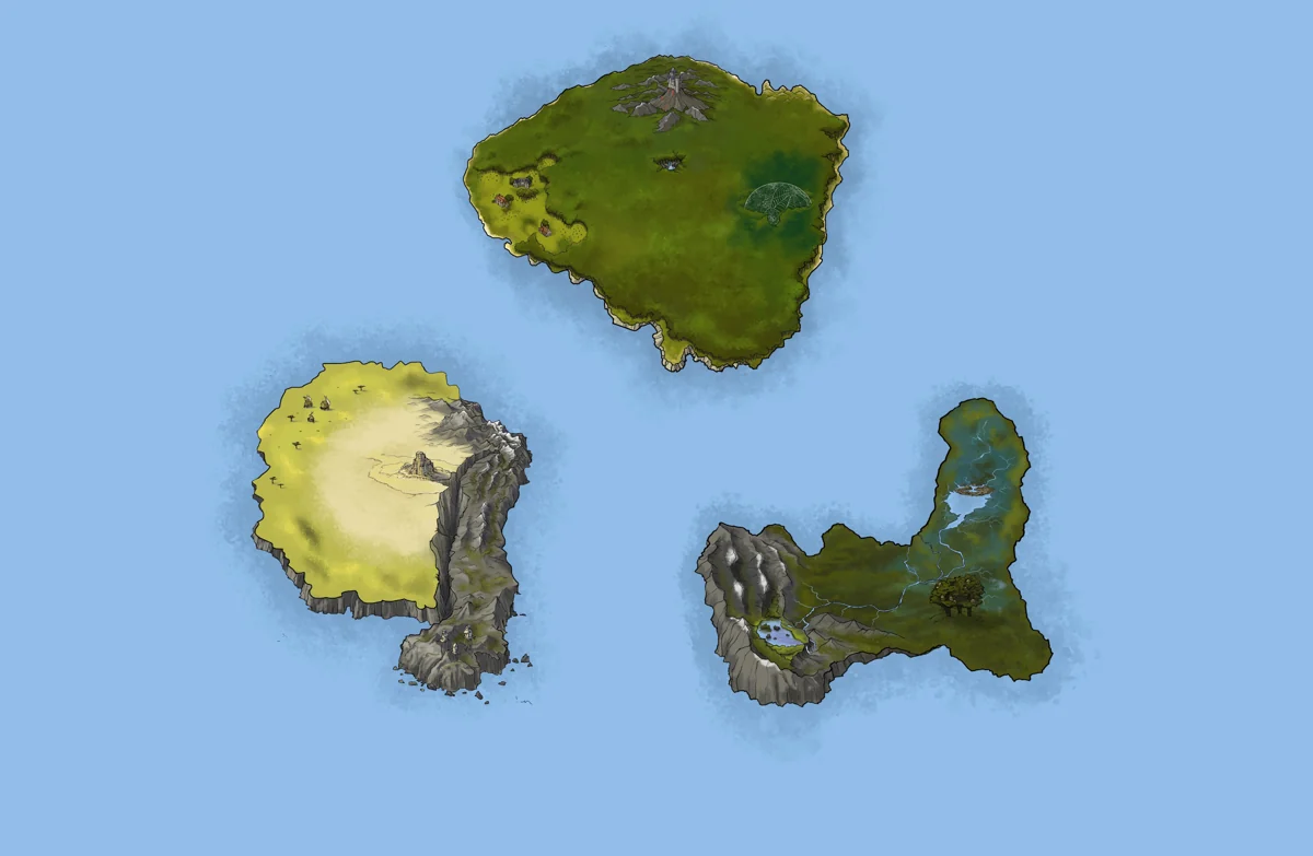 De oorspronkelijke Land van KBEN-landkaart met drie eilanden
