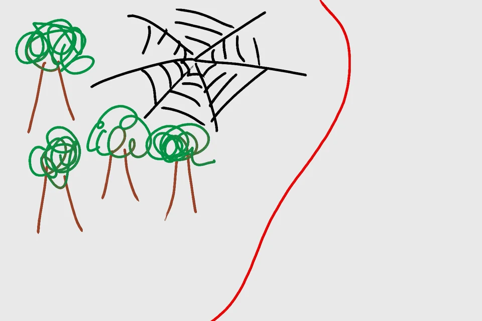 Bomen en een spinnenweb: tekening uit een opSafari-reis met kinderen
