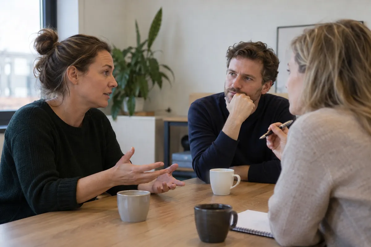 Drie collega’s in gesprek aan tafel