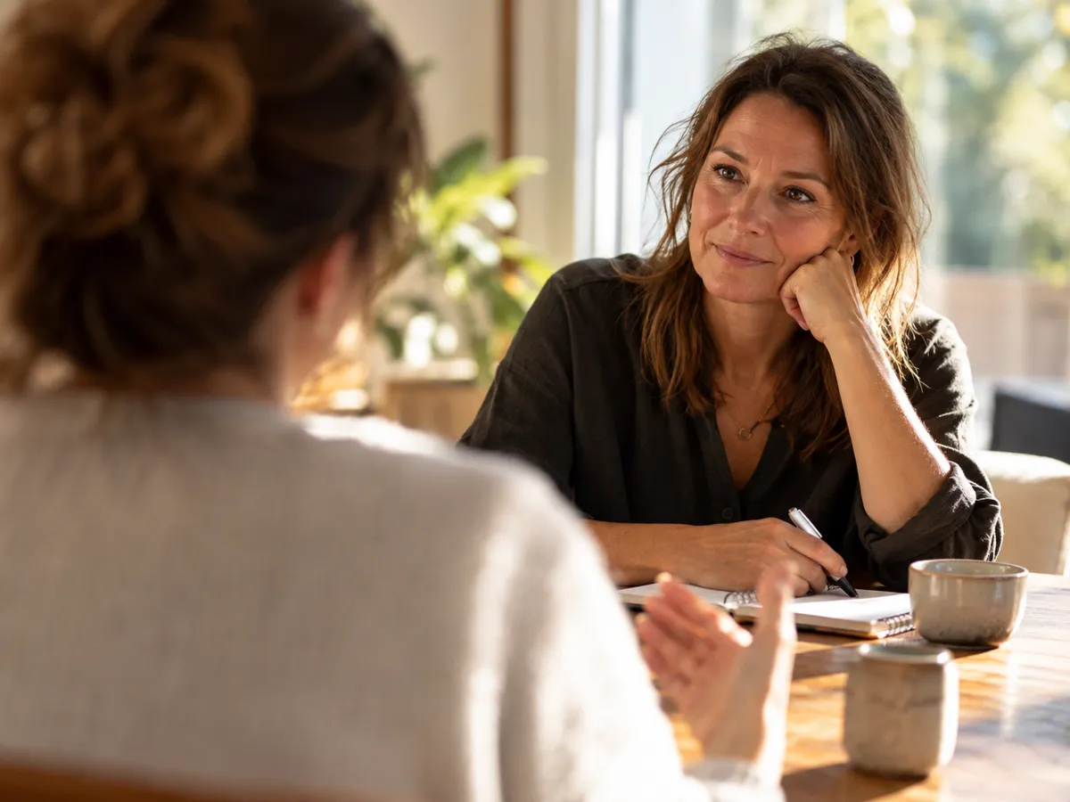 Twee mensen in een rustig gesprek aan tafel
