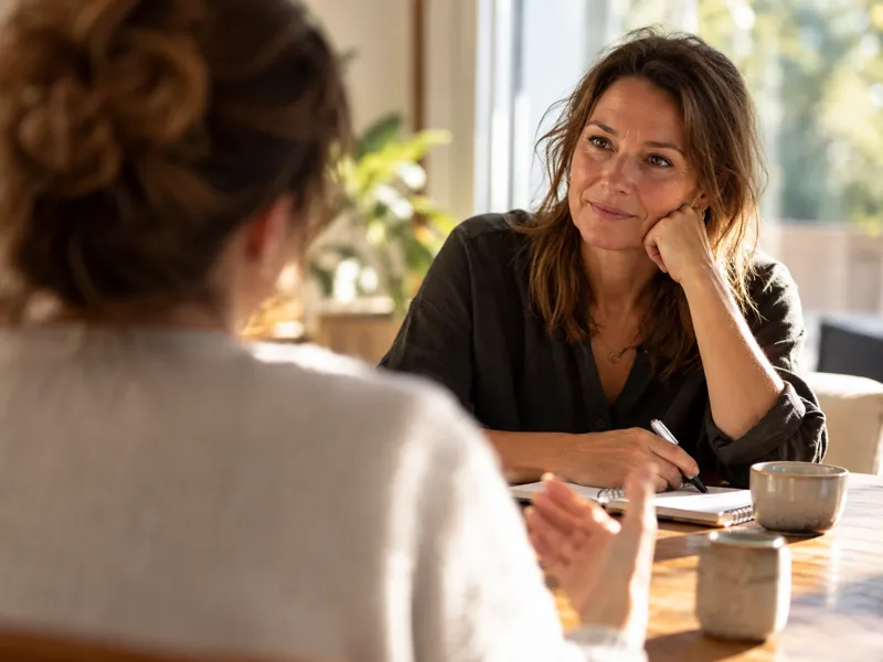 Twee mensen in een rustig gesprek aan tafel
