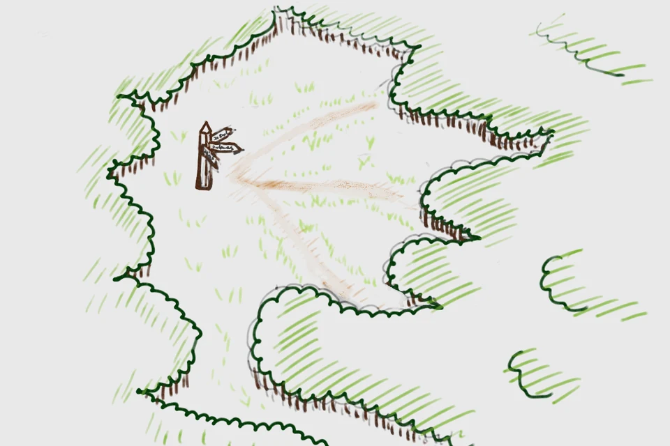 Eigen routes en een wegwijzer: tekening uit een opSafari-reis met kinderen