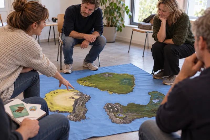 Deelnemers rond de vloerkaart tijdens een opSafari
