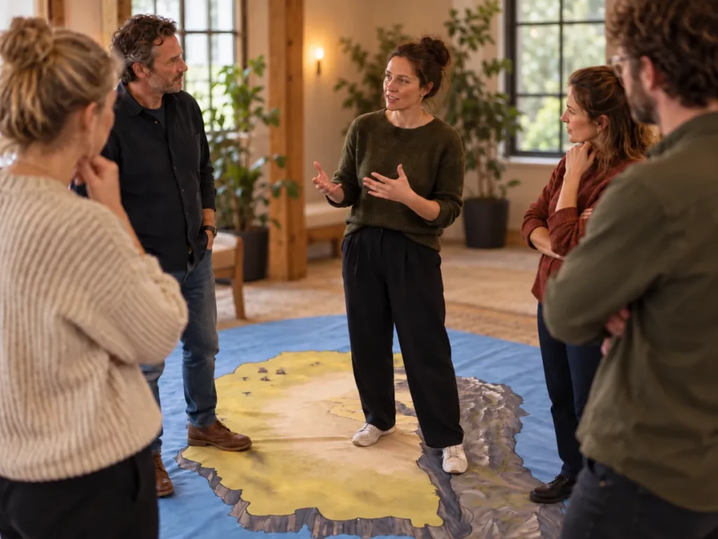 Een groep staat in gesprek op de vloerkaart van Land van KBEN